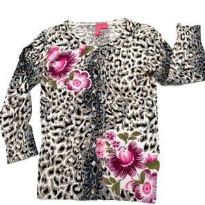 Charlotte Tarantola Leopard Floral Rhinestone Button Y2K Sweater Women's Small